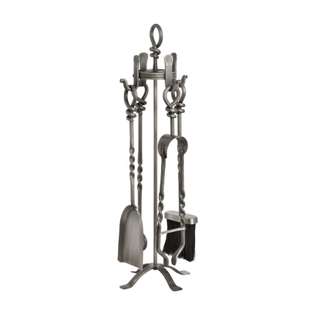 Hill Interiors Hand Turned Loop Top Companion Set in silver metal with poker, brush, shovel and tongs on a looped stand, plain white background.