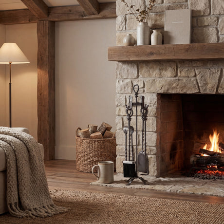 Hill Interiors Hand Turned Loop Top Companion Set in silver metal, with poker, brush, shovel and tongs on a looped stand beside a rustic stone fireplace.