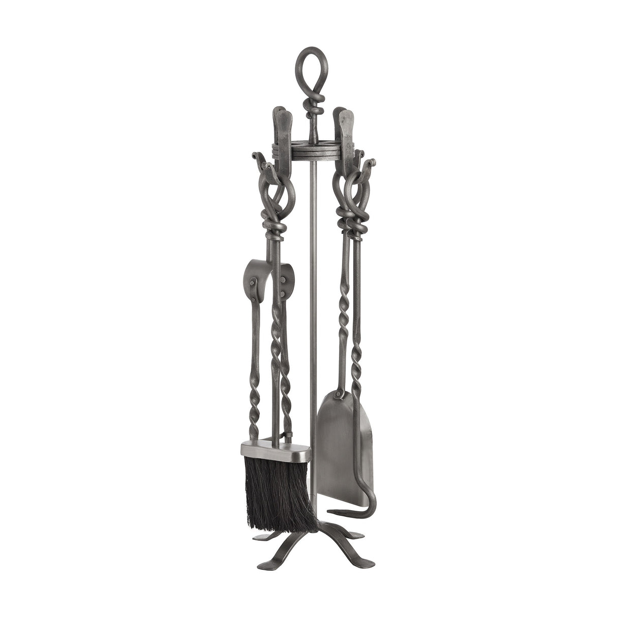 Hill Interiors Hand Turned Loop Top Companion Set in silver metal with poker, brush, shovel and tongs on a twisted stand with loop handle.