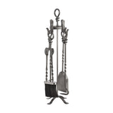Hill Interiors Hand Turned Loop Top Companion Set in silver metal with poker, brush, shovel and tongs on a twisted stand with loop handle.