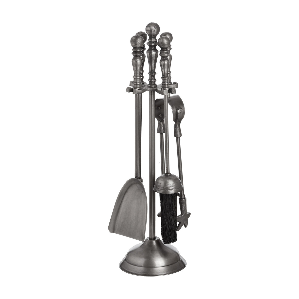 Hill Interiors traditional fireside companion set with poker, brush, shovel and tongs on an upright stand in antique pewter silver finish.