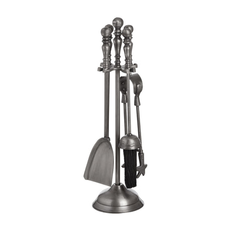 Hill Interiors traditional fireside companion set with poker, brush, shovel and tongs on an upright stand in antique pewter silver finish.
