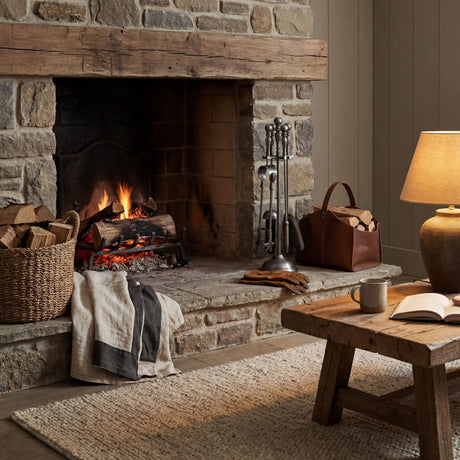 Hill Interiors Traditional Fireside Companion Set in antique pewter standing on a stone hearth beside a lit fire, log basket and leather carrier.