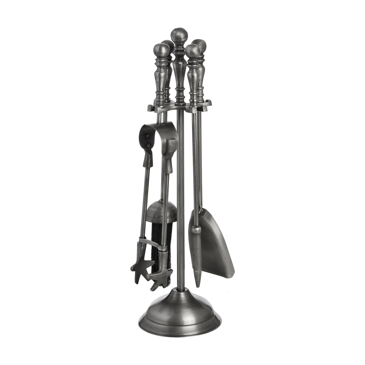 Hill Interiors Traditional Fireside Companion Set in antique pewter with poker, brush, shovel and tongs on an upright stand, plain white background.