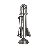 Hill Interiors Traditional Fireside Companion Set in antique pewter with poker, brush, shovel and tongs on an upright stand, plain white background.
