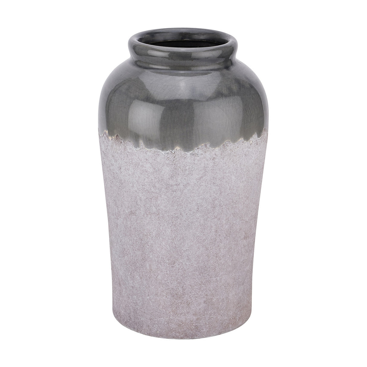 Hill Interiors Medium Ceramic Vase with rounded shoulder, slim neck and tapered body in glossy grey glaze over a textured off-white base.