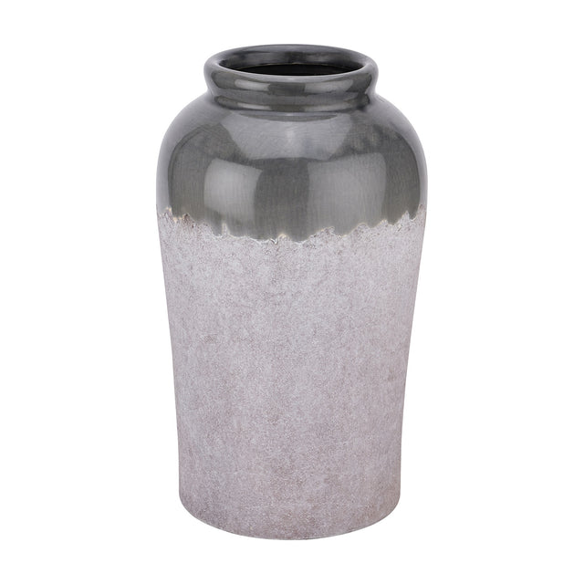 Hill Interiors Medium Ceramic Vase with rounded shoulder, slim neck and tapered body in glossy grey glaze over a textured off-white base.