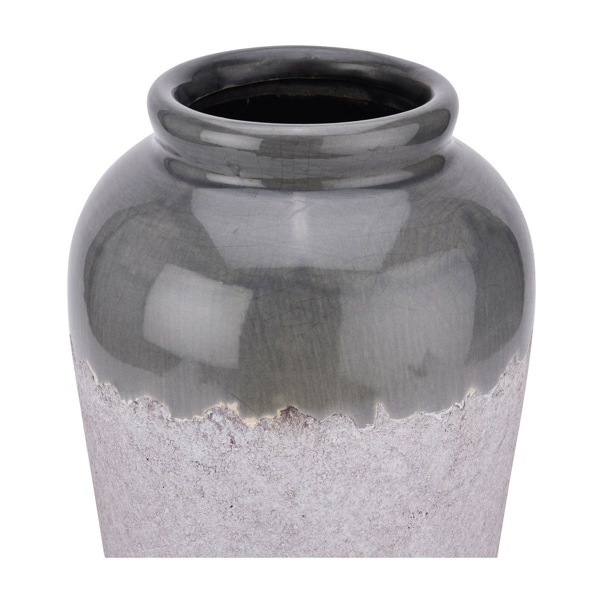 Hill Interiors Medium Ceramic Vase in glossy grey glaze over a textured white base, with a rounded shoulder and slim neck opening.
