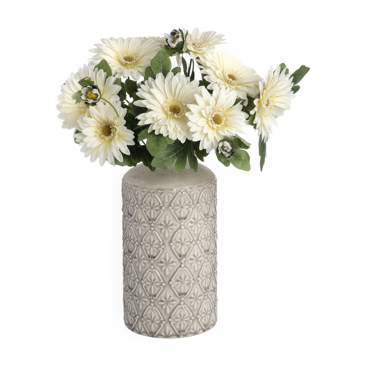 Hill Interiors medium vase in textured grey ceramic-look finish with floral relief pattern, holding a bouquet of cream gerbera daisies and green foliage.