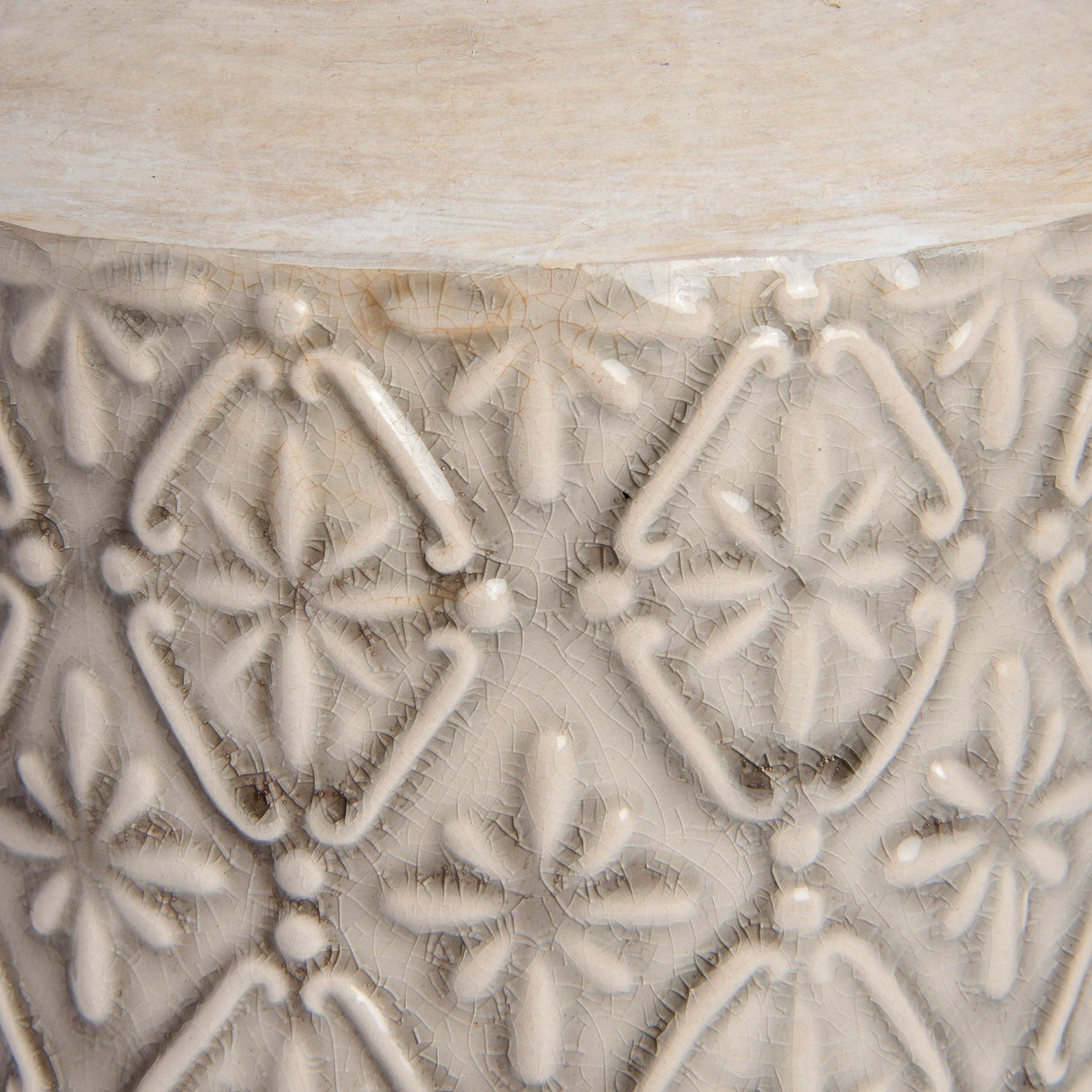 Close-up of the Hill Interiors Medium Vase in white, showing the glossy crackle-glaze finish and embossed floral diamond pattern around the body.