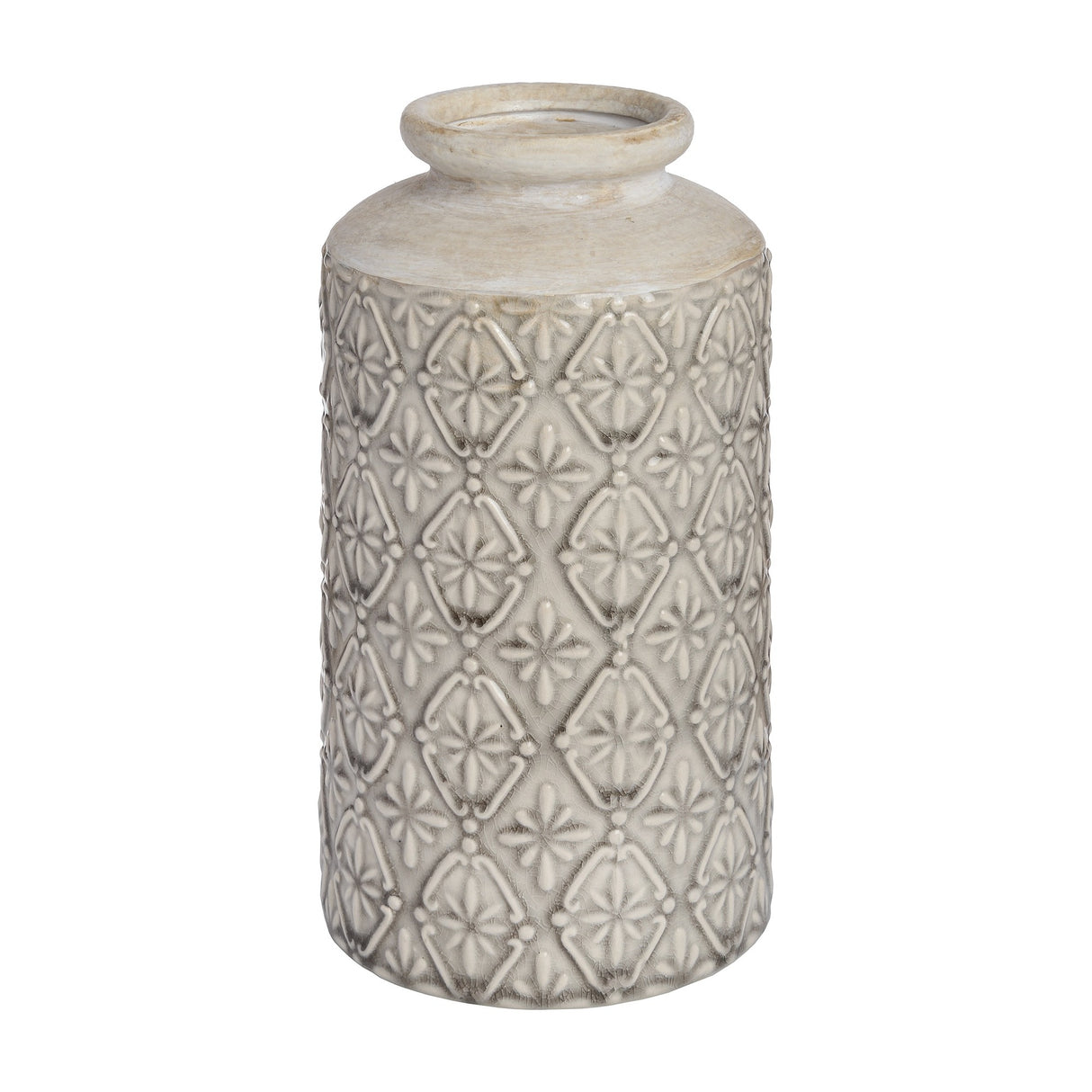 Hill Interiors Medium Vase in white with a tapered neck and embossed diamond floral pattern, shown against a plain white background.