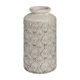 Hill Interiors Medium Vase in white with a tapered neck and embossed diamond floral pattern, shown against a plain white background.
