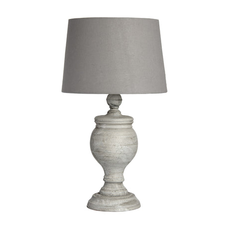 Hill Interiors Wooden Table Lamp in beige with a turned solid wood urn-shaped base and tapered grey linen shade, shown on a plain white background.