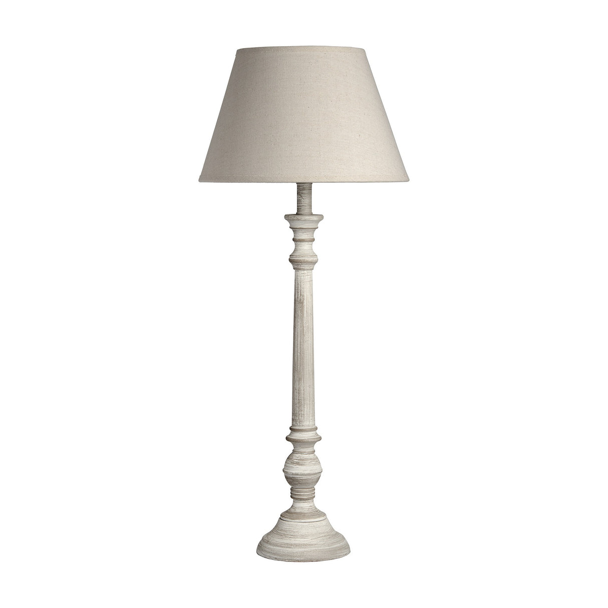 Hill Interiors Wooden Table Lamp in grey with a turned timber base and tapered linen shade, shown against a plain white background.