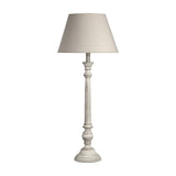 Hill Interiors Wooden Table Lamp in grey with a turned timber base and tapered linen shade, shown against a plain white background.