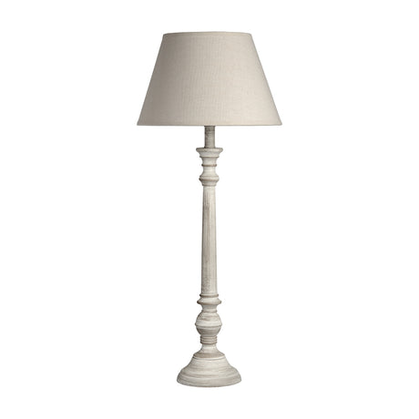 Hill Interiors Wooden Table Lamp in grey with a turned timber base and tapered linen shade, shown against a plain white background.