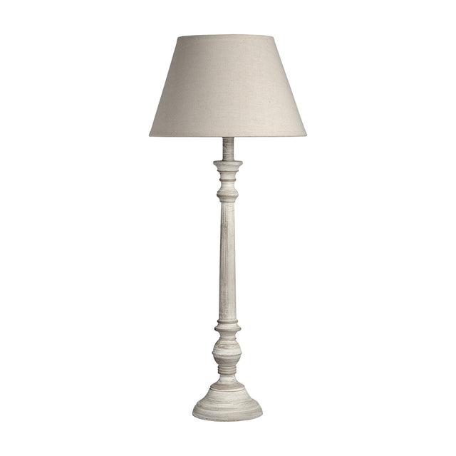 Hill Interiors Wooden Table Lamp in grey with a turned timber base and tapered linen shade, shown against a plain white background.