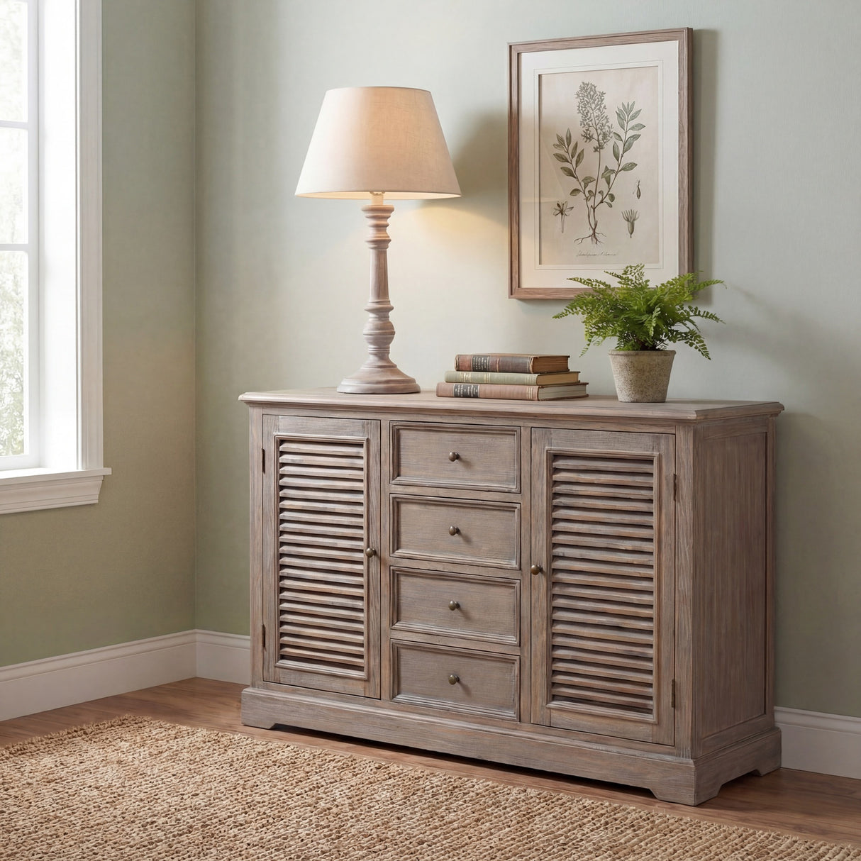 Hill Interiors Wooden Table Lamp in grey with turned timber base and tapered cream shade, lit on a wooden sideboard beside books and a framed botanical print.