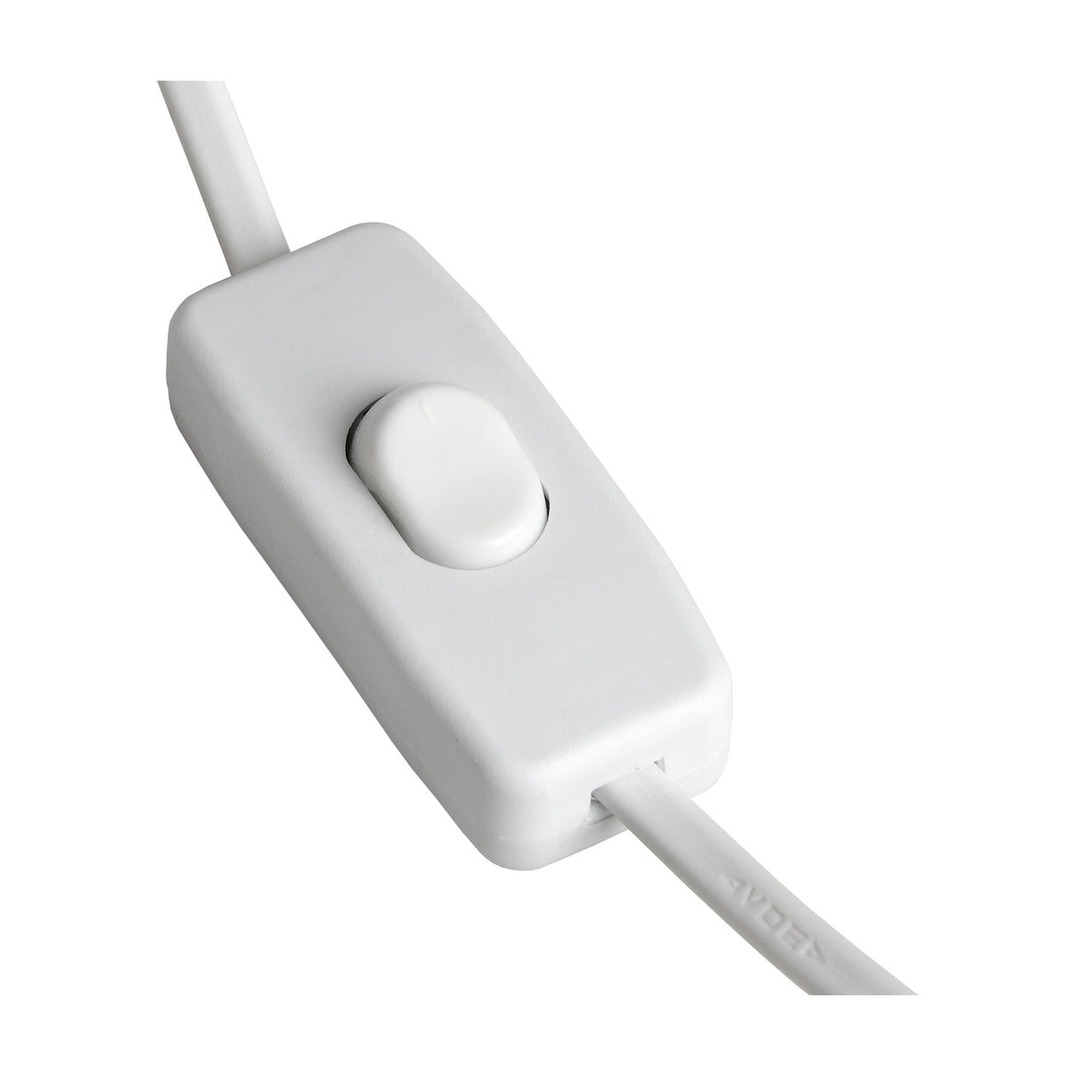 Close-up of a white plastic inline rocker switch on the cable of the Hill Interiors Wooden Table Lamp, shown on a plain white background.