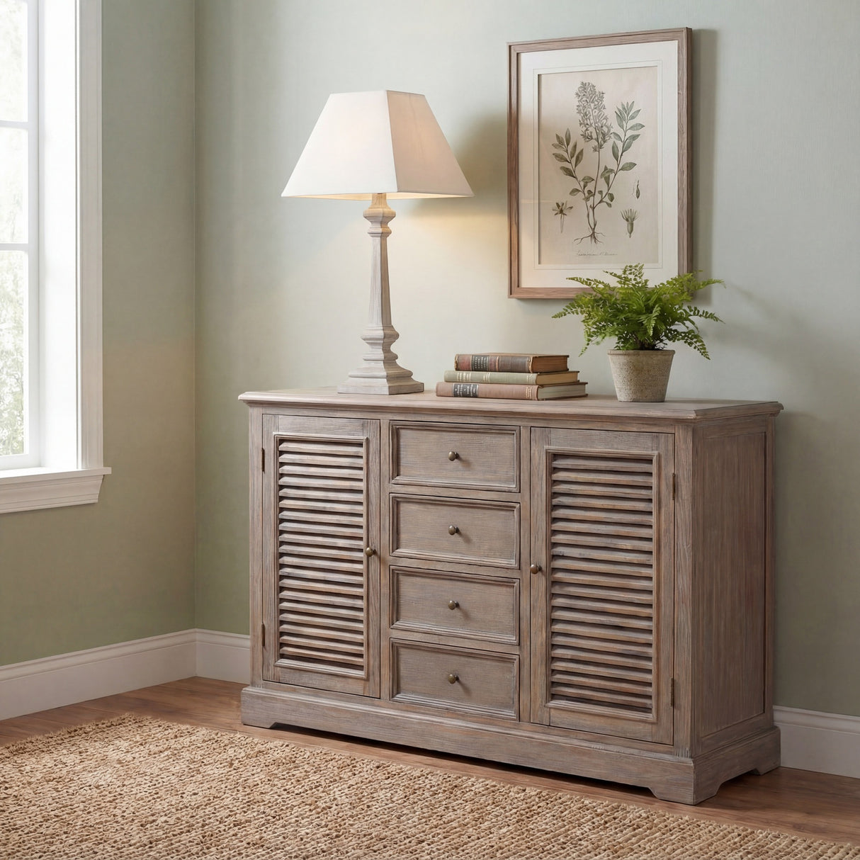 Hill Interiors Wooden Table Lamp in white with a turned tapered base and tapered cream shade, styled on a wooden sideboard beside books and a fern.