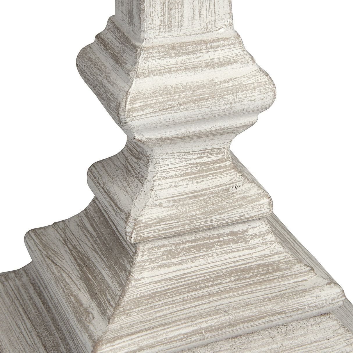 Close-up of the Hill Interiors Wooden Table Lamp base in white, showing turned tiers with subtle grain against a plain white background.