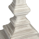Close-up of the Hill Interiors Wooden Table Lamp base in white, showing turned tiers with subtle grain against a plain white background.
