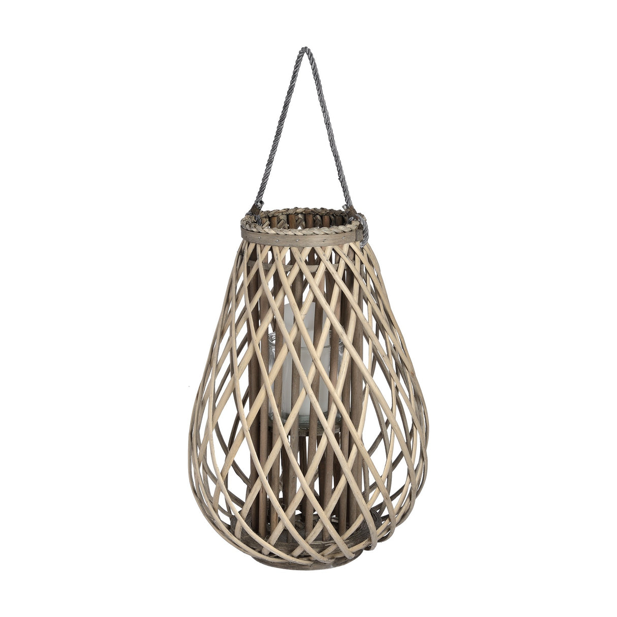 Hill Interiors large bulbous wicker lantern in warm brown, with woven diagonal strands, glass candle insert and grey rope hanger, on a white background.