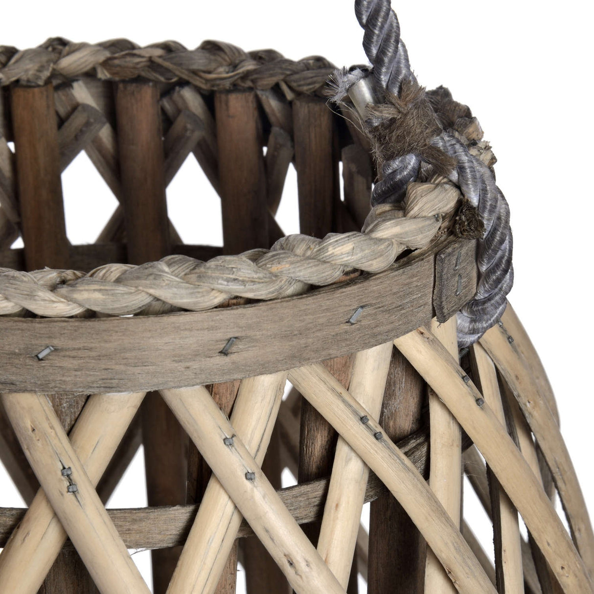 Close-up of Hill Interiors Large Bulbous Wicker Lantern in brown, showing woven rim, criss-cross rattan body and braided rope handle detail.