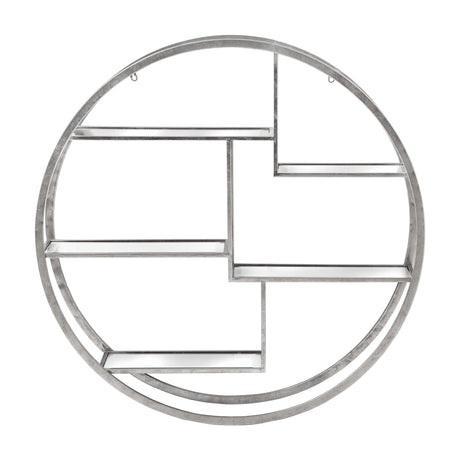 Hill Interiors large circular metal wall hanging multi shelf in silver, with geometric open compartments formed by straight dividers within a round frame.