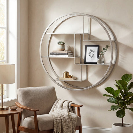 Hill Interiors large circular silver metal wall shelf with geometric compartments displaying books, plants and framed art above an armchair in a living room.