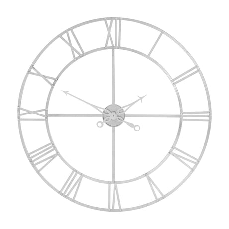 Hill Interiors large skeleton wall clock with open Roman numerals, slim hands and silver foil metal frame, shown on a plain white background.