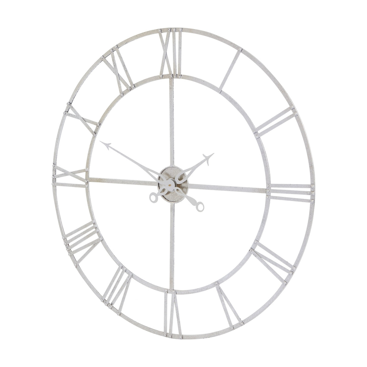 Hill Interiors large skeleton wall clock with open metal frame, Roman numerals and slender hands in a silver foil finish, shown at an angle.