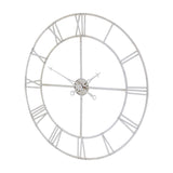 Hill Interiors large skeleton wall clock with open metal frame, Roman numerals and slender hands in a silver foil finish, shown at an angle.