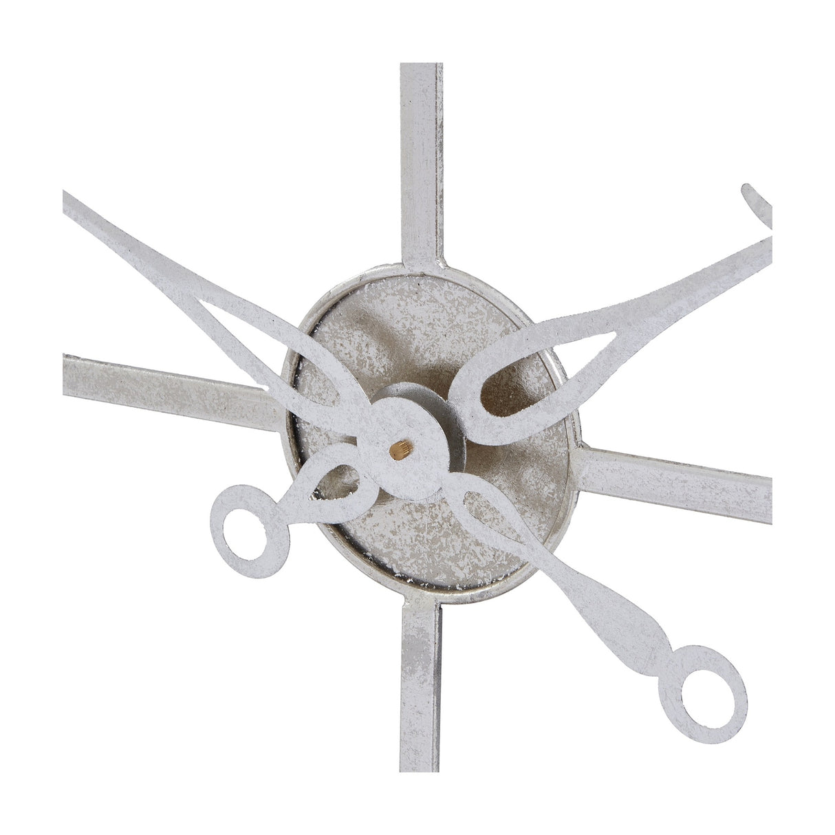 Close-up of the Hill Interiors Large Skeleton Wall Clock centre, showing silver foil metal hands, spoke frame and circular hub against a white background.