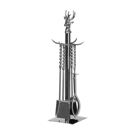 Hill Interiors hand turned stag companion set in polished nickel with poker, brush, shovel and tongs on a freestanding stand, silver finish.