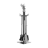 Hill Interiors hand turned stag companion set in polished nickel with poker, brush and shovel on a freestanding stand, shown on white.