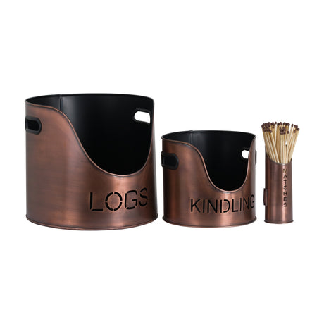 Hill Interiors copper finish fireside set with LOGS and KINDLING metal buckets plus a matchstick holder filled with matches, on a white background.