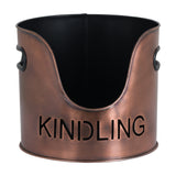 Hill Interiors copper finish metal kindling bucket with scooped front, cut-out lettering and side handles, shown on a plain white background.