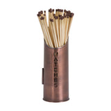 Copper finish matchstick holder from Hill Interiors, a cylindrical metal canister with cut-out "MATCHES" lettering, filled with brown-tipped wooden matches.