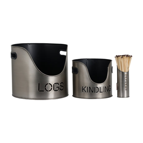 Hill Interiors pewter finish metal set with larger logs bucket, smaller kindling bucket, and matchstick holder filled with matches, on a white background.