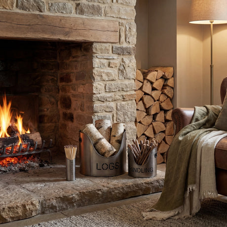 Hill Interiors pewter finish logs and kindling buckets with matchstick holder in silver metal, filled with birch logs and kindling beside a stone fireplace.