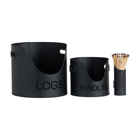 Hill Interiors black powder-coated metal fireside set with logs bucket, kindling bucket and matchstick holder filled with matches, on a white background.