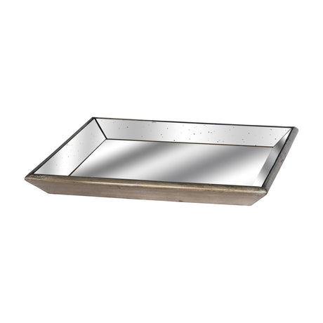 Hill Interiors Distressed Mirrored Square Tray with distressed silver mirrored glass surface and wooden trim border, shown on a plain white background.