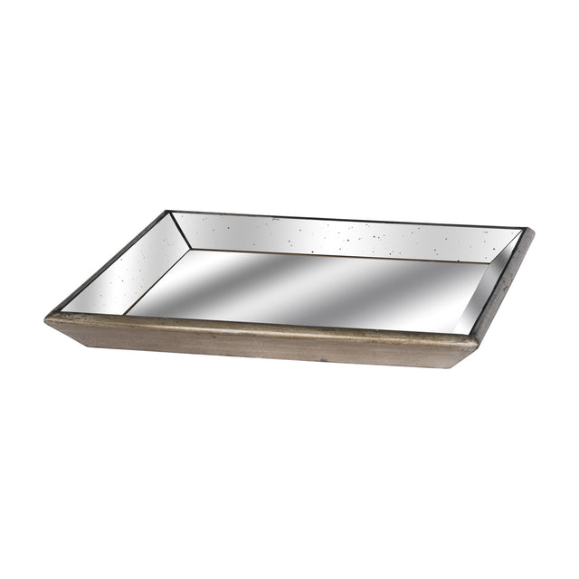 Hill Interiors Distressed Mirrored Square Tray with distressed silver mirrored glass surface and wooden trim border, shown on a plain white background.