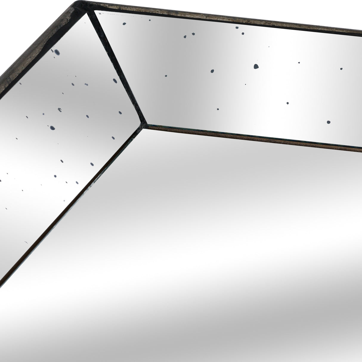 Close-up of Hill Interiors Distressed Mirrored Square Tray showing the antiqued silver glass surface with speckled patina and warm wooden trim edge.
