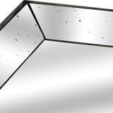 Close-up of Hill Interiors Distressed Mirrored Square Tray showing the antiqued silver glass surface with speckled patina and warm wooden trim edge.