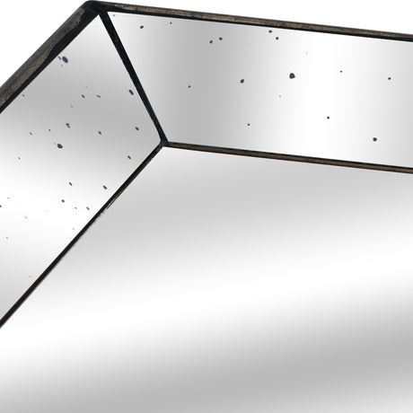 Close-up of Hill Interiors Distressed Mirrored Square Tray showing the antiqued silver glass surface with speckled patina and warm wooden trim edge.