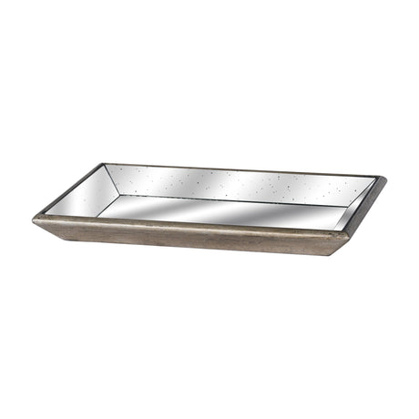 Hill Interiors Distressed Mirrored Tray with Wooden Trim in silver, rectangular serveware piece with speckled antique mirror base and low wooden edge.
