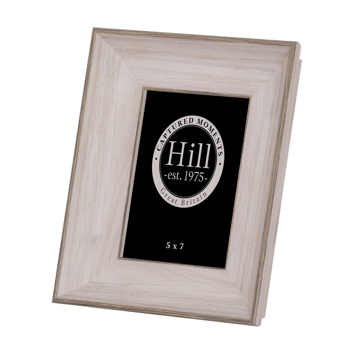 Hill Interiors white washed solid wood photo frame with visible grain and 5x7 aperture, shown upright at an angle on a plain white background.