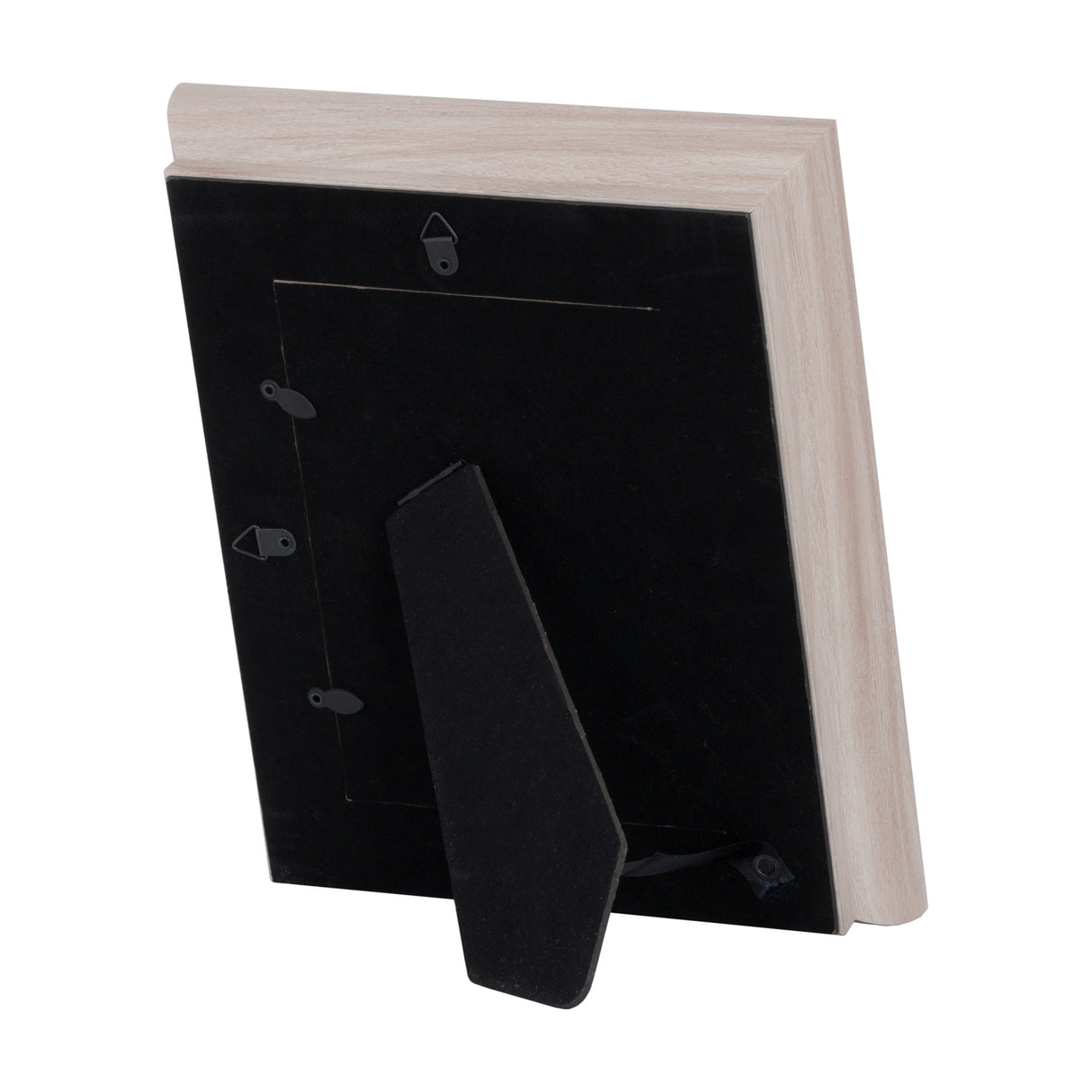 Rear view of Hill Interiors white washed wood photo frame showing black backing, hanging fittings and fold-out stand against a plain white background.